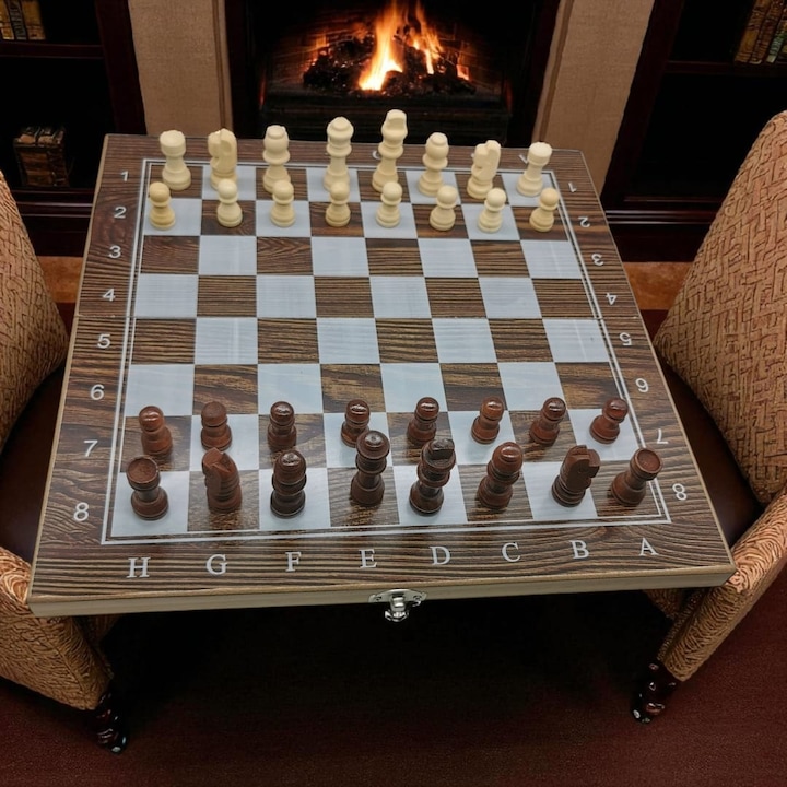 Комплект за шах, табла и дама 29 см VisionXXI 3039, Сгъваема дървена кутия, Резбовани дървени фигури, Номерирана дъска, Цар 5 см