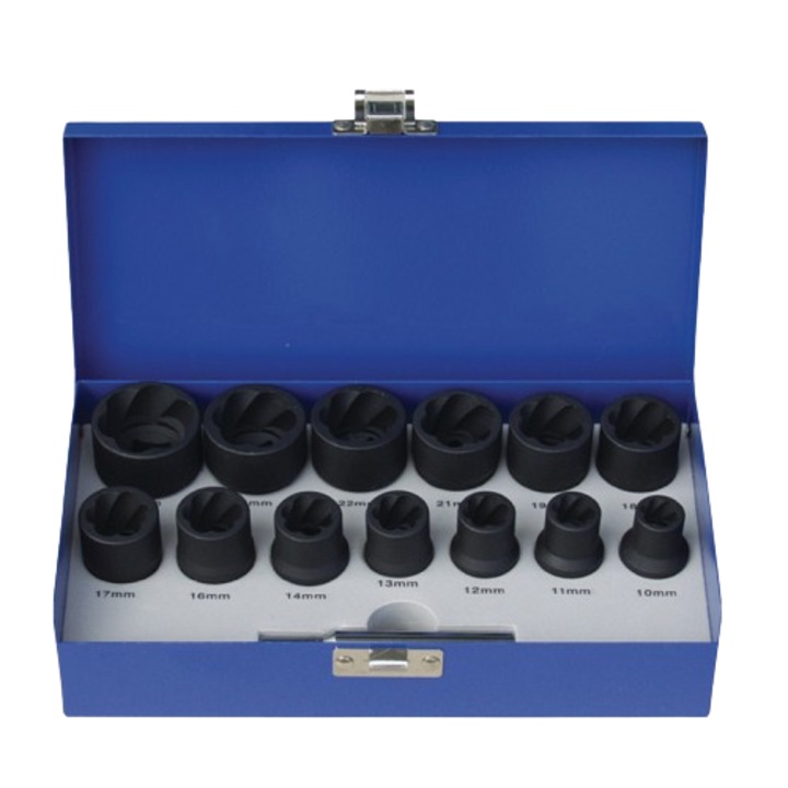 Trusa BERNER 53750, 14 chei tubulare de impact pentru extras suruburi, deschidere chei 10-27 mm, crom molibden