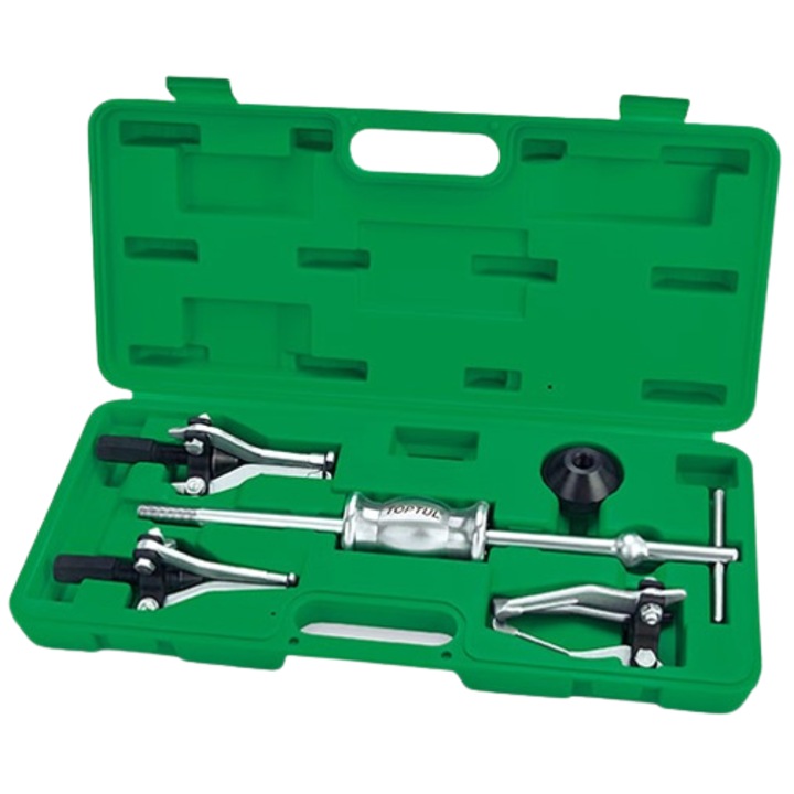 Trusa ciocan glisant TOPTUL JGAI0502, lungime 425 mm, cu capete cu 3 falci, destinata pentru extractia rulmentilor si angrenajelor, formata din 5 piese, insotita de o cutie pentru depozitare