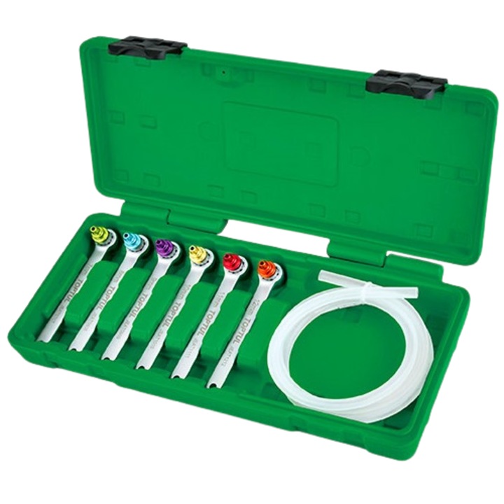 Set 7 scule pentru aerisire frane si sisteme hidraulice TOPTUL JGAI0705, 6 x chei, furtun de 1 metru, cutie de depozitare