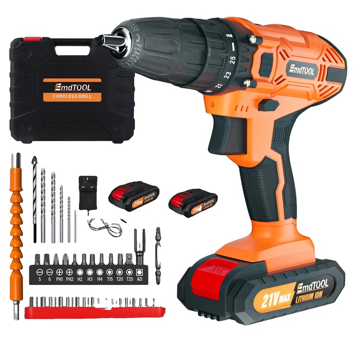 Masina de gaurit si insurubat, 21V, 25+1 setari de cuplu, 2 acumulatori, set complet