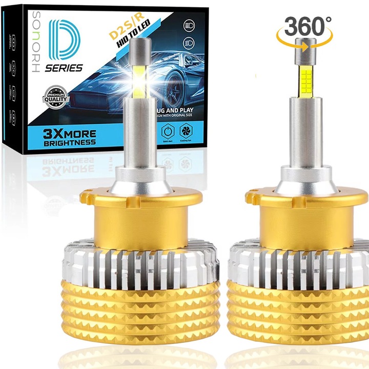 Xenon LED izzók D2S/R, 190W, 30 000 lumen, 3. generációs LED-ek, 4 oldal 360°, Canbus Plug&Play, 12V/24V, 2 darab, 6500K hideg fehér, ventilátor és hűtőcső, 50 000 óra, IP68 – SONORH®