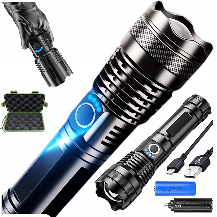 Тактически фенер, Мощен, LED, 5000 лумена, 5 режима на осветление, Водоустойчив IPX5, Батерия 6800 mAh, USB-C зареждане, Батерия 18650, USB-C кабел, Каишка, Защитен калъф, Ергономичен дизайн, Алуминий, 180г