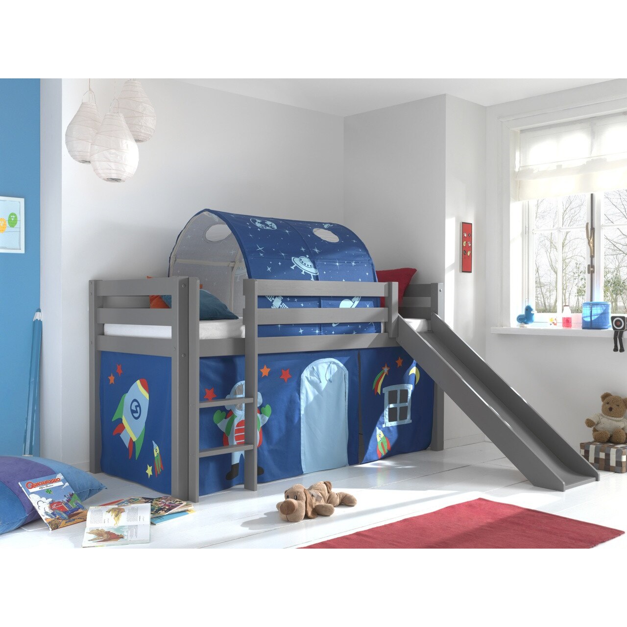 Pat semi-inalt Vipack cu tobogan, cortină și tunel, gri, 75kg - eMAG.ro
