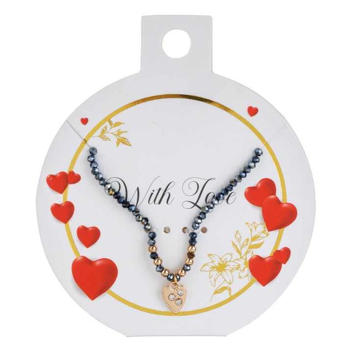 Colier cu margele negre irizate, inimă aurie cu strass, femei