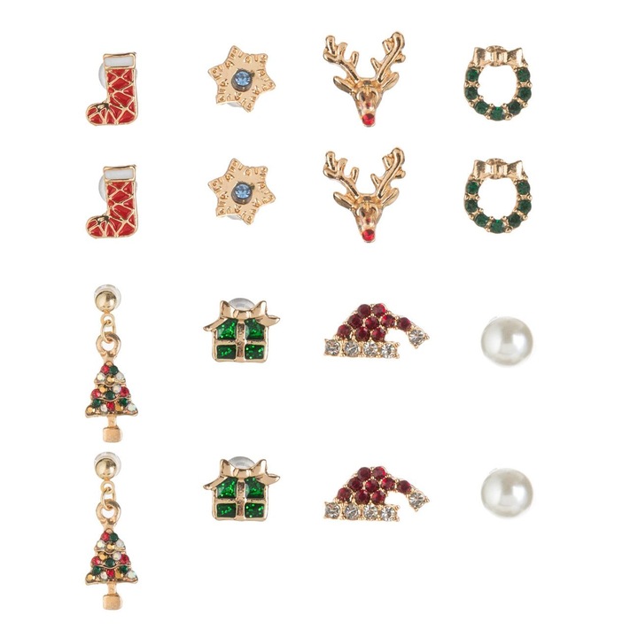 Set cercei de craciun 8 modele diferite margele strass de culoare aurie - 8 perechi