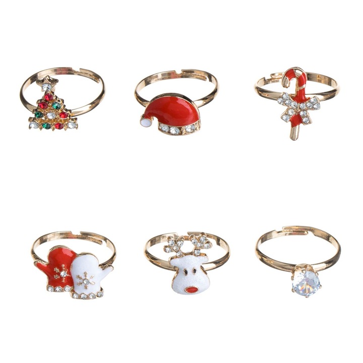 Set Inele de Crăciun Aurii cu Strass, 6buc, Culoare Aurie, Design Festiv