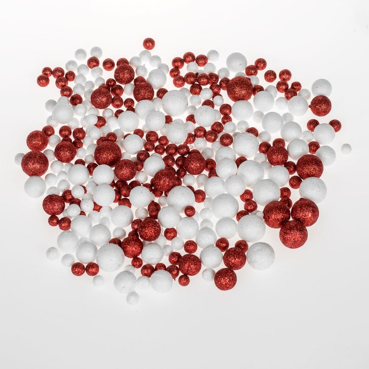 Globuri decorative din spuma albe rosii cu glitter de craciun - 50buc