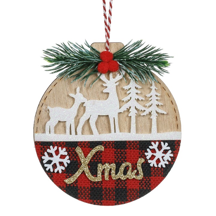 Ornament pom de craciun din lemn rotund carouri reni brazi xmas glitter 10cm