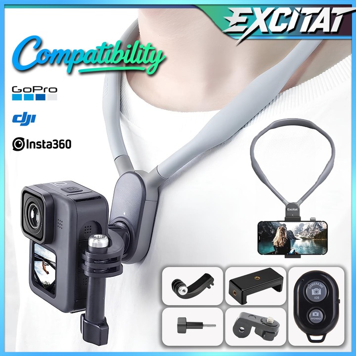 Sistem de prindere pe gat, Excitat®, Design fix, Prindere magnetica, Silicon, Suport pentru camera de actiune pentru ciclism, Compatibil cu GoPro 12/11/10/9, Insta360 X3 Go3, DJI Action 4, Gri