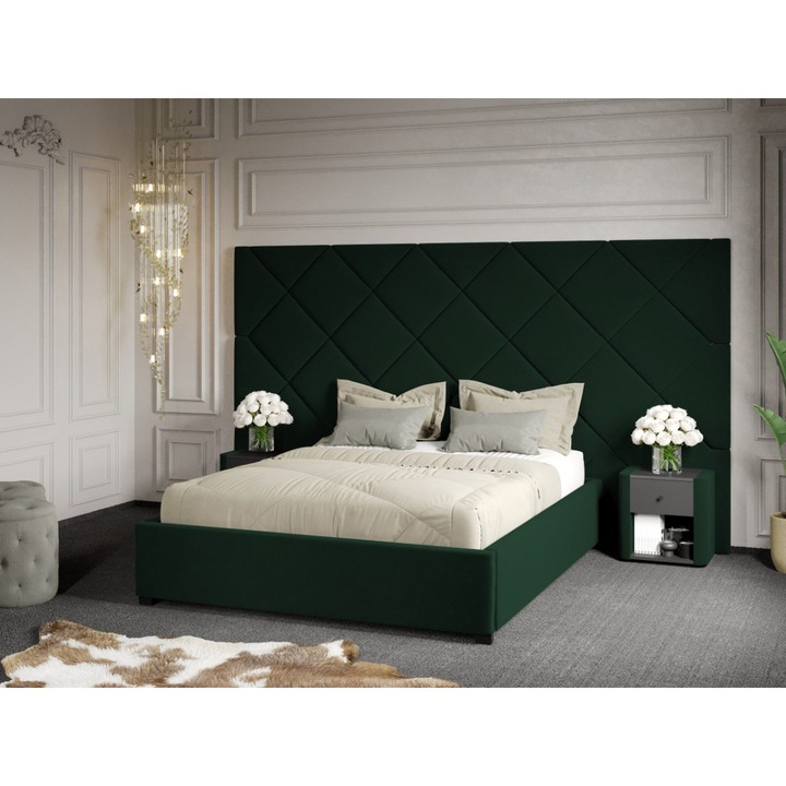 Pat Tapitat cu Panou, 305x171, C4, Dubai cu Somiera fixa, 160x200, Verde Inchis/Velluto 27