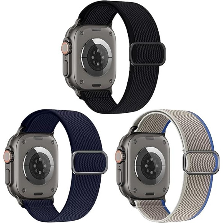 Set 3 curele nylon compatibile Apple Watch SE/Ultra/Series 1-10, sport, ajustabile, 38-49 mm, unisex