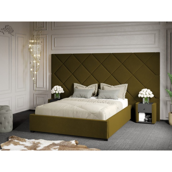 Pat Tapitat cu Panou, 305x171, C4, Dubai cu Somiera fixa, 140x200, Verde/Velluto 35