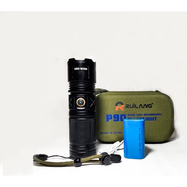 Издръжлив лазерен LED фенер P90, Обхват 1КМ, Черен