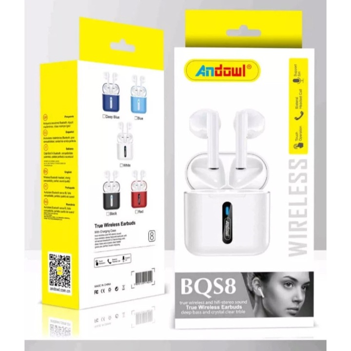 Vezeték nélküli fülhallgató BQS8 – Valódi vezeték nélküli, Hi-Fi Sztereó, fehér