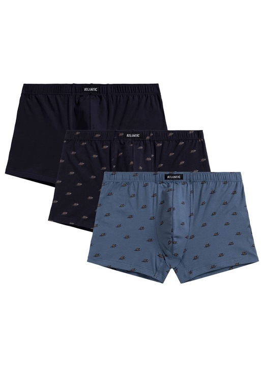 Set 3 perechi de boxeri barbatesti Atlantic, bumbac/elastan, cu model, bleumarin/albastru