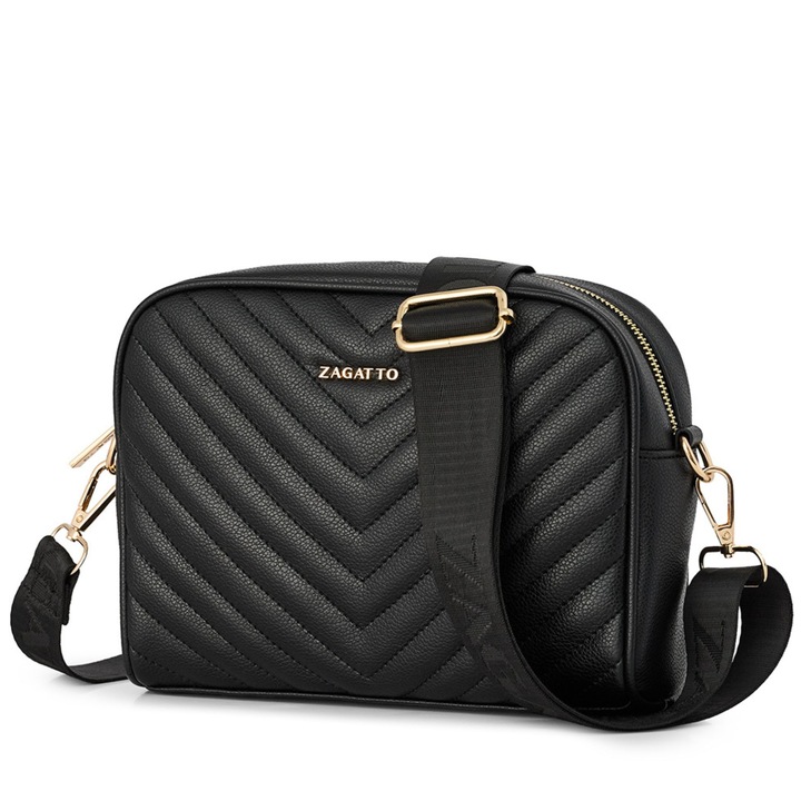 Дамска чанта за през рамо, изработена от екокожа, Crossbody, Zagatto, Черна, Ватирана, Функционална, Просторна, Практична и многофункционална, Широка, регулируема и подвижна презрамка, Размери 22x18x7 см, Ежедневна, Елегантна, ZG982