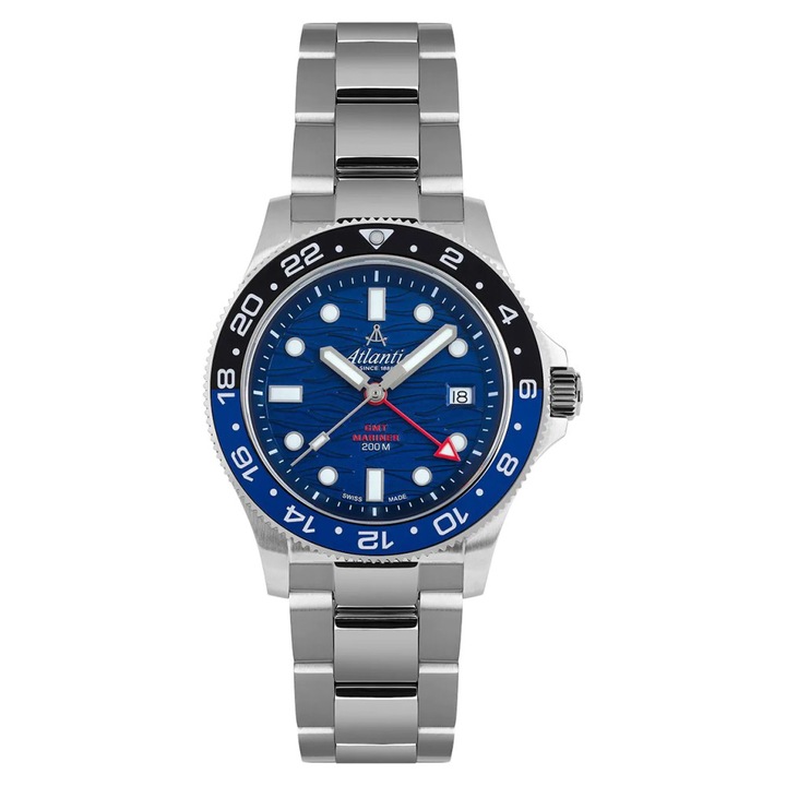 Ceas barbatesc Atlantic 81576.41.59GMT Mariner, 42mm, bratara din otel, impermeabil 200m, cadran albastru