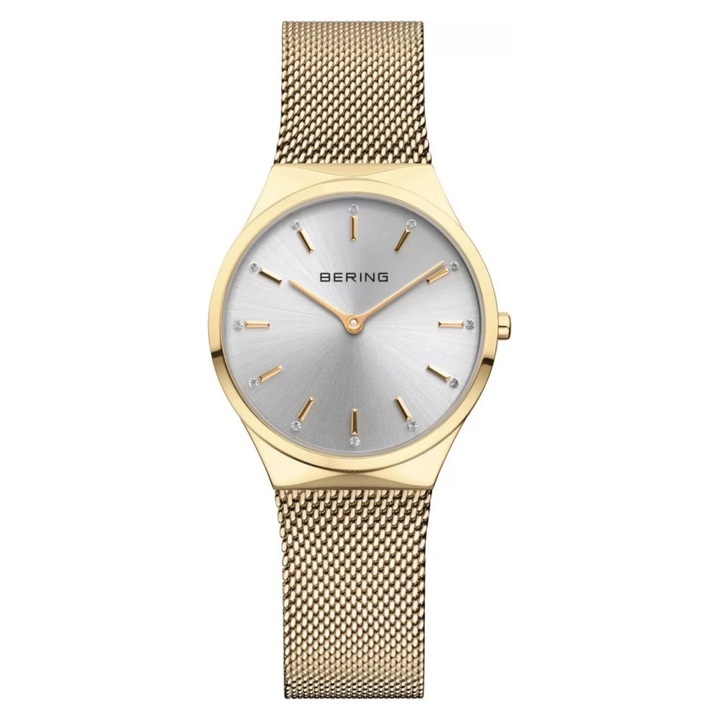 Ceas dama Bering 12131-330, bratara galbena, carcasa galbena, cadran argintiu, 31x6mm, rezistent la apa 30m