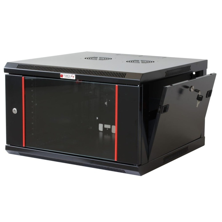 Dulap rack 19" Techly, I-CASEEWT-2409BK, montare pe perete, metalic, negru RAL 9004, 9U, 600x450x500mm