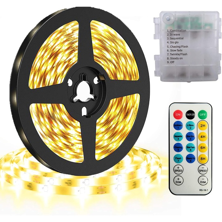 Banda luminoasa LED, 3 m, 180 LED-uri, alimentata cu baterii, telecomanda IR, 8 moduri, 4 temporizatoare, 2 ore, 4 ore, 6 ore, 8 ore, luminozitate, frecventa reglabila