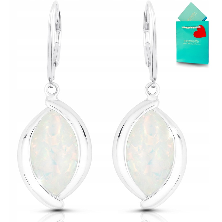 Cercei din argint 925 cu opal alb, inchidere englezeasca, finisaj manual, Promette