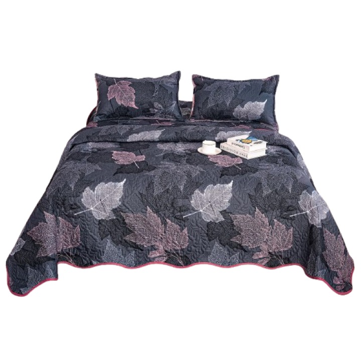 Cuvertura de pat, Microfibra, 3 piese, 2 persoane, 220x240cm, Imprimeu Frunze de Toamna, Multicolor