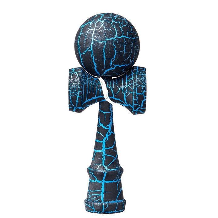 Interaktív Kendama játék, TREXORA, 18cm, repedezett festék dizájnnal, fából, fekete és kék, kéz-szem koordináció és egyensúly fejlesztésére, gyerekeknek és felnőtteknek