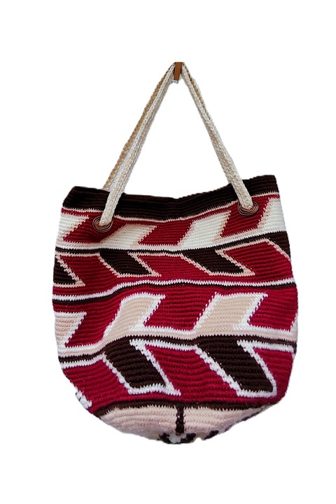 Roma női táska, kézzel horgolt, stilizált etnográfiai minta, textil anyag, piros-fekete