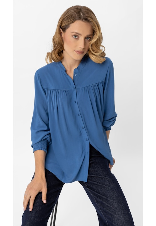 Női laza, pliszírozott blúz, Volcano K-Enet, gombokkal, hosszú ujjak rugalmas mandzsettával, kék, Kék