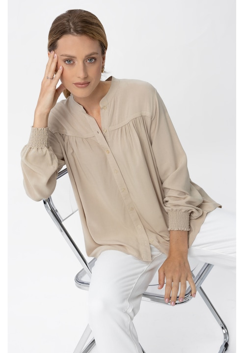 Bluza dama lejera, plisata, Volcano K-Enet, cu nasturi, maneci lungi cu mansete elastice, Bej, Bej