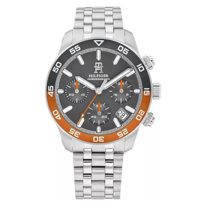 Мъжки часовник Tommy Hilfiger 1792186 TH85 Chronograph, сив циферблат, кръгъл корпус 46x12 мм, верижка от неръждаема стомана, водоустойчивост 50 м