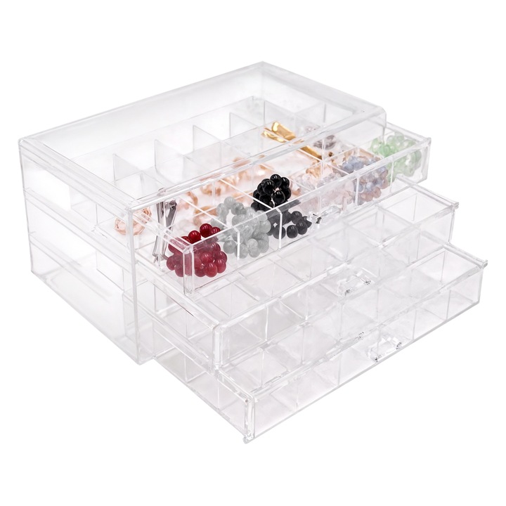Депозит за съхранение на бижута, прозрачна акрилна кутия за бижута с 3 чекмеджета Кутия за бижута Органайзер за обеци, пръстени, колиета и малки части Luckylu®
