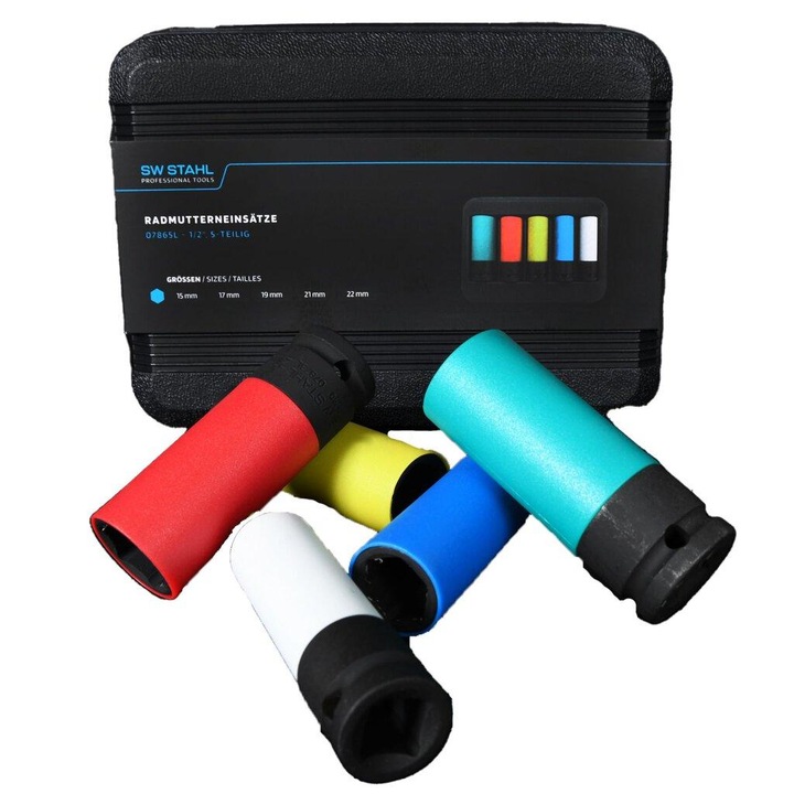 Set de 5 chei de impact pentru roti din aluminiu SW-Stahl SW07865L, antrenor patrat de 1/2 inch, dimensiuni chei intre 15-22 mm, fabricat din crom-molibden, cu exterior din plastic