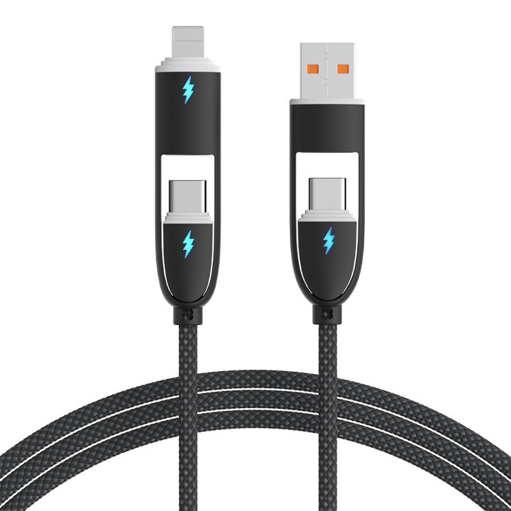 Cablu de date si incarcare rapida, 4 in 1, nailon, incarcare super rapida, cip inteligent, USB-C, Lightning, USB, 120W, 1,2 m, compatibil iPhone, Samsung, Huawei, Android, tableta, negru, rezistent