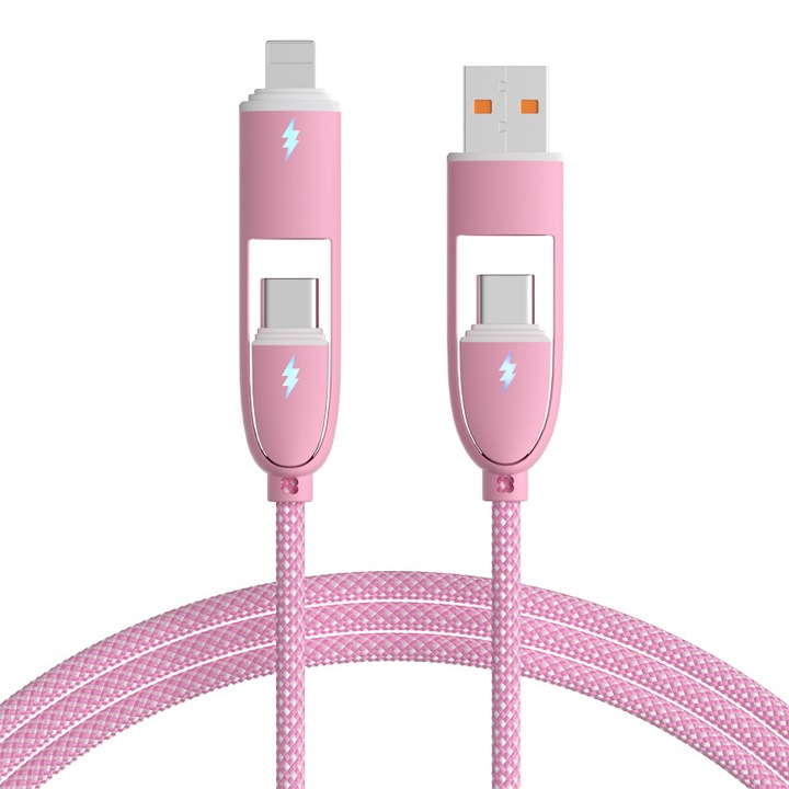 4 В 1, Кабел за данни и бързо зареждане, 27W, 2 x USB-C, USB, Lightning, Бързо зареждане, 1.2м, 480Mbps, PD Lightning 27W, Type-C 100W(MAX), съвместим с iPhone, Samsung, Huawei, Телефон, Таблет, Розов