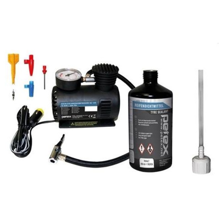 Set de reparatii pentru anvelope PETEX 445100PX, compresor de aer 12V, presiune maxima 18 bar, solutie etansanta 450 ml, dispozitiv de extragere a ventilului, 1 ventil suplimentar, 3 adaptoare pentru umflare