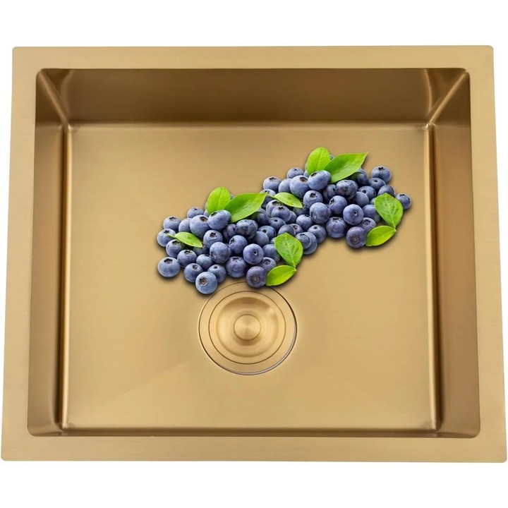 Chiuveta de bucatarie din inox, Cuva simpla, 50 x 45 cm, Dreptunghiulara, Cu baterie, 1 orificiu, Sita de scurgere si supapa antiretur, Montaj pe blat sau incorporat, Auriu