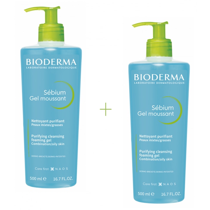 Set 2x Gel de curatare Bioderma Sebium 500 ml, pentru ten mixt si gras, fara sapun, actiune antibacteriana