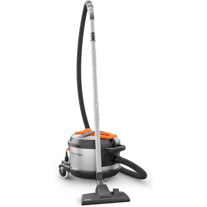 Aspirator comercial Nilfisk VP930 PRO HEPA S2 – 15 l, filtru HEPA, cablu 15 m, aspirator industrial argintiu, pentru curatare interior-exterior in hoteluri, scoli, spitale