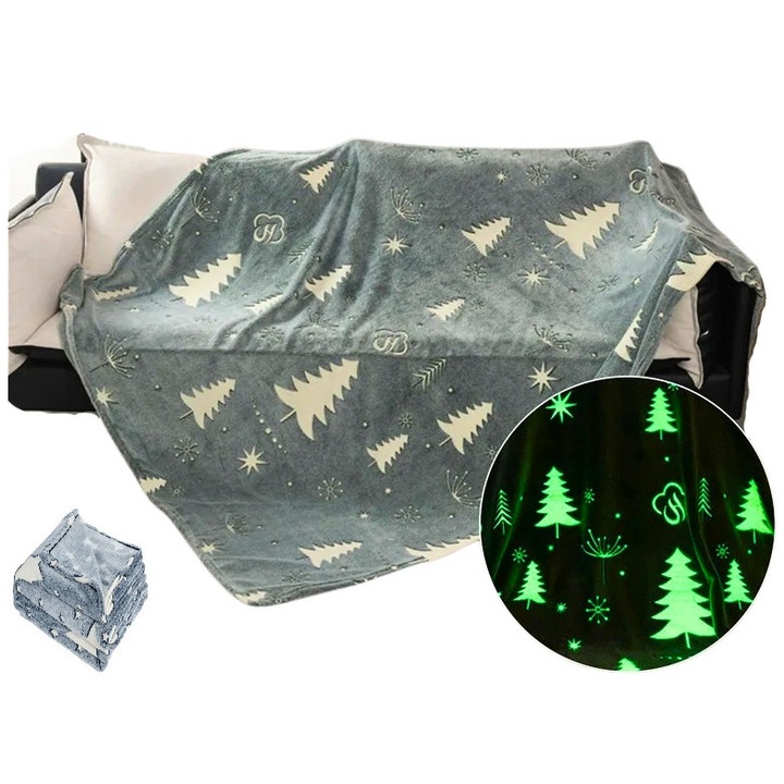 Patura, fara material, 160x200 cm, 100% poliester, moale, gros, fluorescent, gri, lavabil la masina