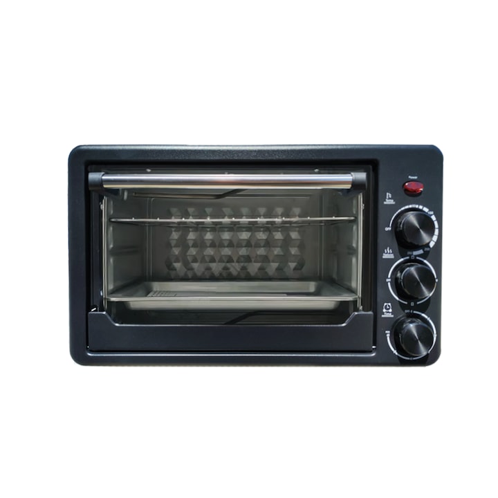 Електрическа фурна NEXTLY, 1500W, капацитет 25L, 60 мин. таймер с аларма, регулируема температура 0-250°C, регулируемо нагряване (отгоре и/или отдолу), прозрачно стъкло, тава и грил включени, черна