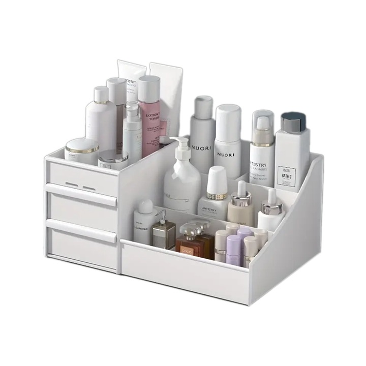 Organizator de cosmetice, bijuterii si alte obiecte NEXTLY, multifunctional, 9 compartimente, material PP, 27x15x11cm, alb