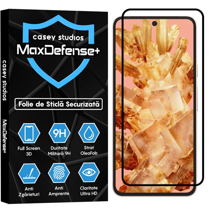 Folie Sticla CASEY STUDIOS™ compatibila cu Google Pixel 8, MaxDefense+, Anti Zgarieturi, Full Glue, Full Cover 3D, Protectie Ecran 3D, Duritate Ridicata, Margini Negre
