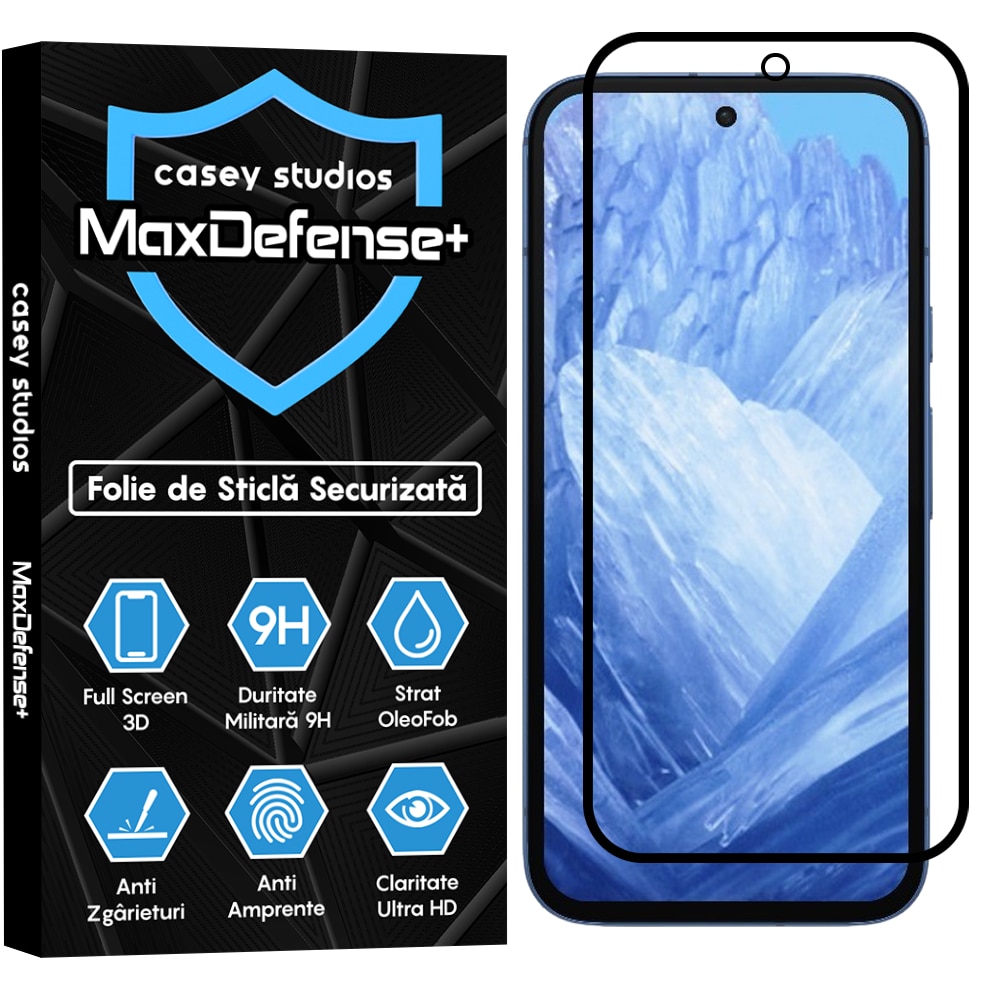 Folie Sticla CASEY STUDIOS™ compatibila cu Google Pixel 8a, MaxDefense+, Anti Zgarieturi, Full Glue, Full Cover 3D, Protectie Ecran 3D, Duritate Ridicata, Margini Negre