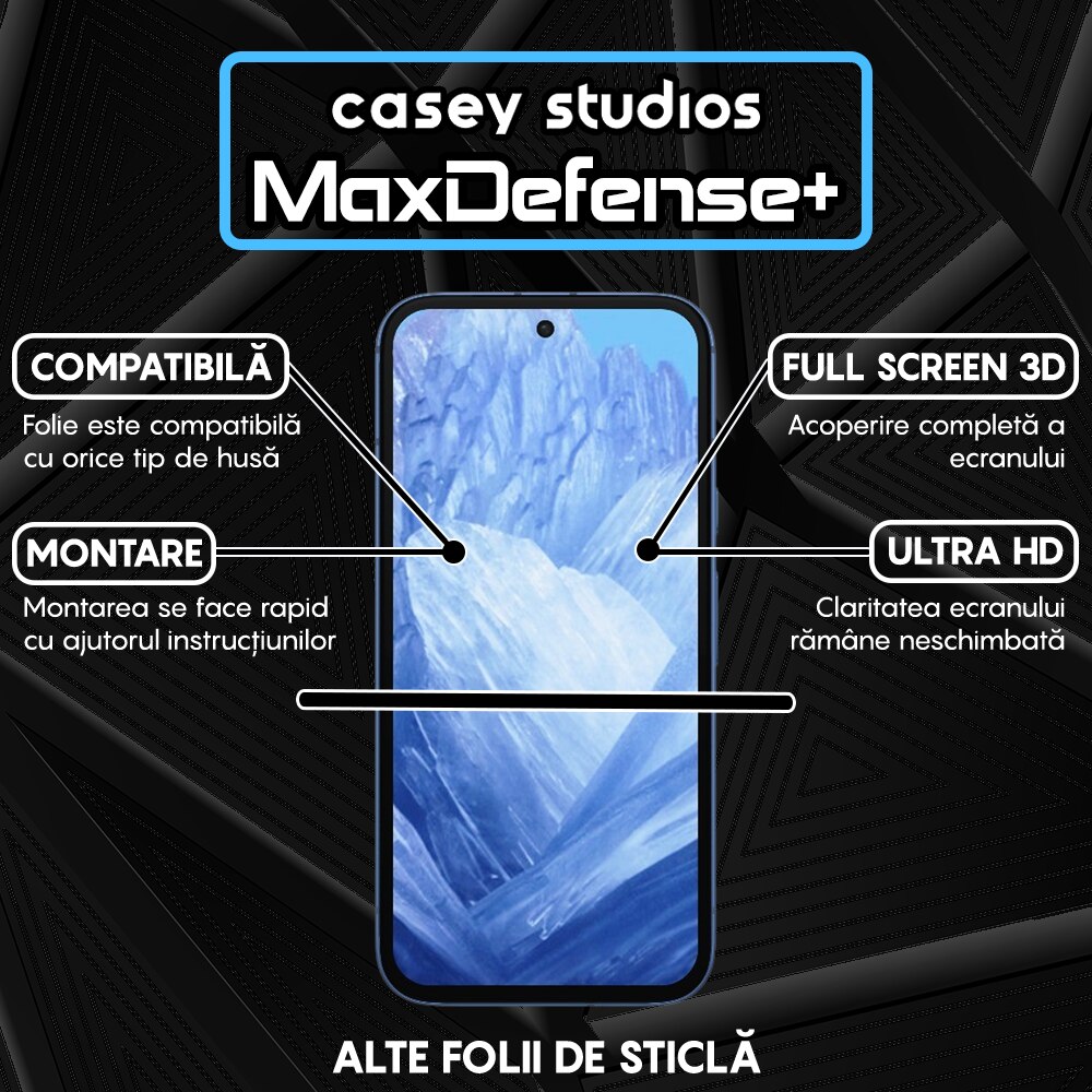 Folie Sticla CASEY STUDIOS™ compatibila cu Google Pixel 8a, MaxDefense+, Anti Zgarieturi, Full Glue, Full Cover 3D, Protectie Ecran 3D, Duritate Ridicata, Margini Negre