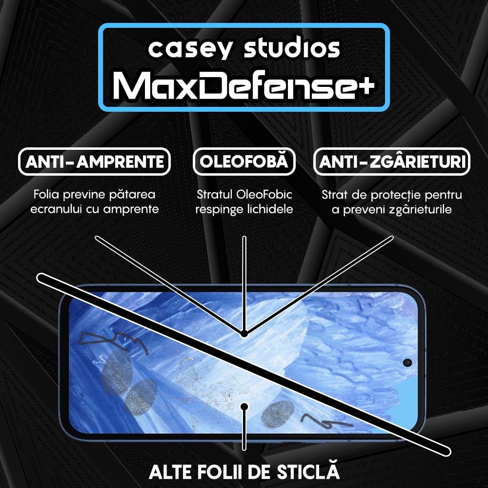 Folie Sticla CASEY STUDIOS™ compatibila cu Google Pixel 8a, MaxDefense+, Anti Zgarieturi, Full Glue, Full Cover 3D, Protectie Ecran 3D, Duritate Ridicata, Margini Negre