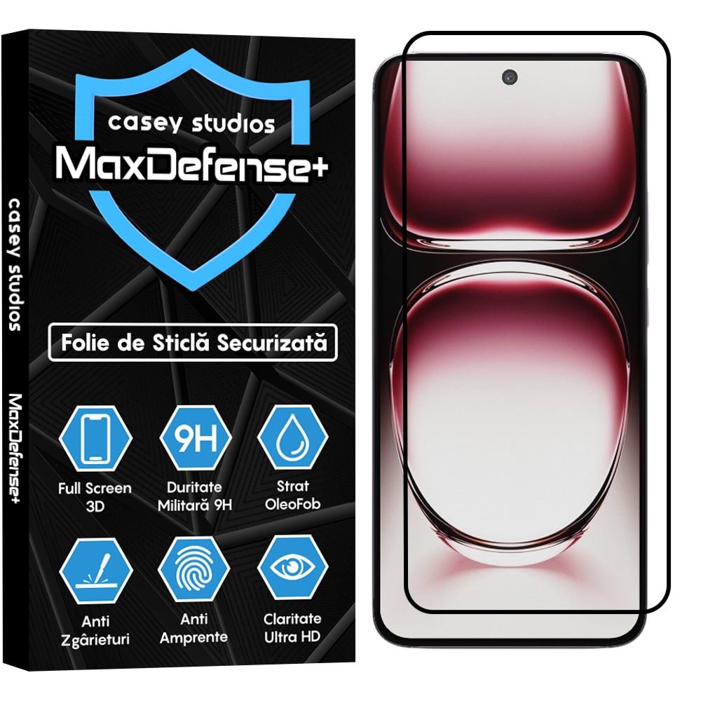 Folie Sticla CASEY STUDIOS™ compatibila cu Oppo Reno12 Pro, MaxDefense+, Anti Zgarieturi, Full Glue, Full Cover 3D, Protectie Ecran 3D, Duritate Ridicata, Margini Negre