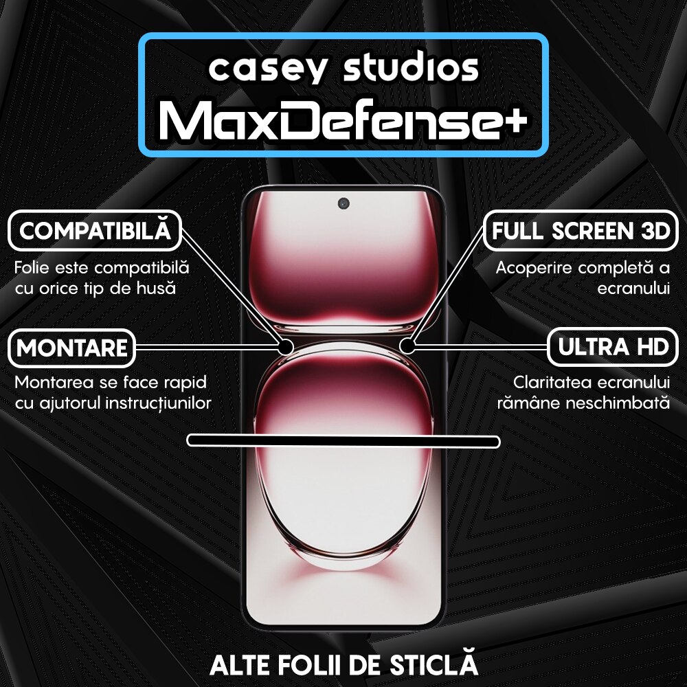 Folie Sticla CASEY STUDIOS™ compatibila cu Oppo Reno12 Pro, MaxDefense+, Anti Zgarieturi, Full Glue, Full Cover 3D, Protectie Ecran 3D, Duritate Ridicata, Margini Negre