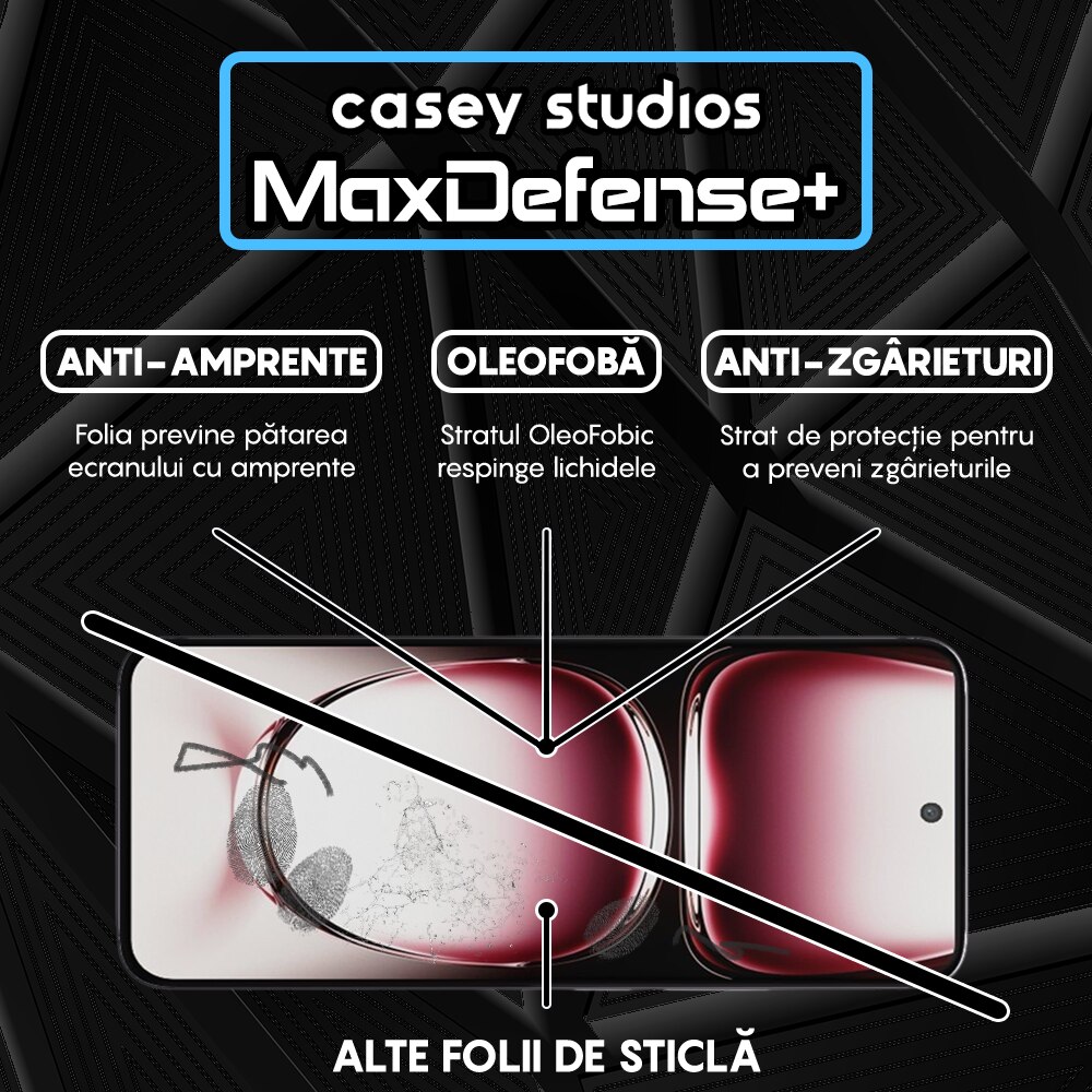 Folie Sticla CASEY STUDIOS™ compatibila cu Oppo Reno12 Pro, MaxDefense+, Anti Zgarieturi, Full Glue, Full Cover 3D, Protectie Ecran 3D, Duritate Ridicata, Margini Negre